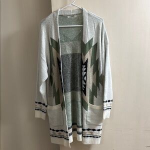Light Gray Long Cardigan Sweater with Aztec Pattern